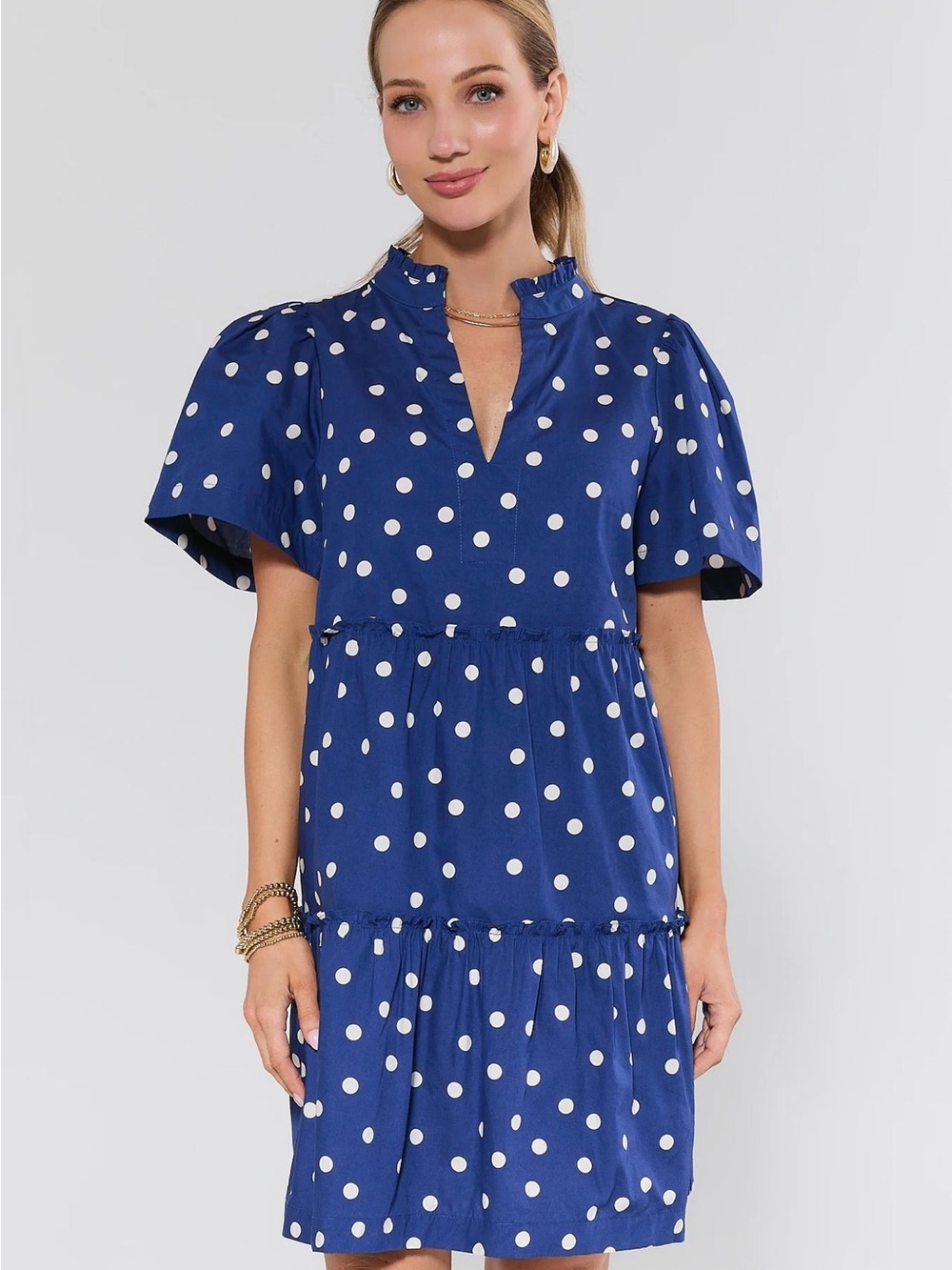 Blue Polka Dot Ruffle Neck Mini Dress